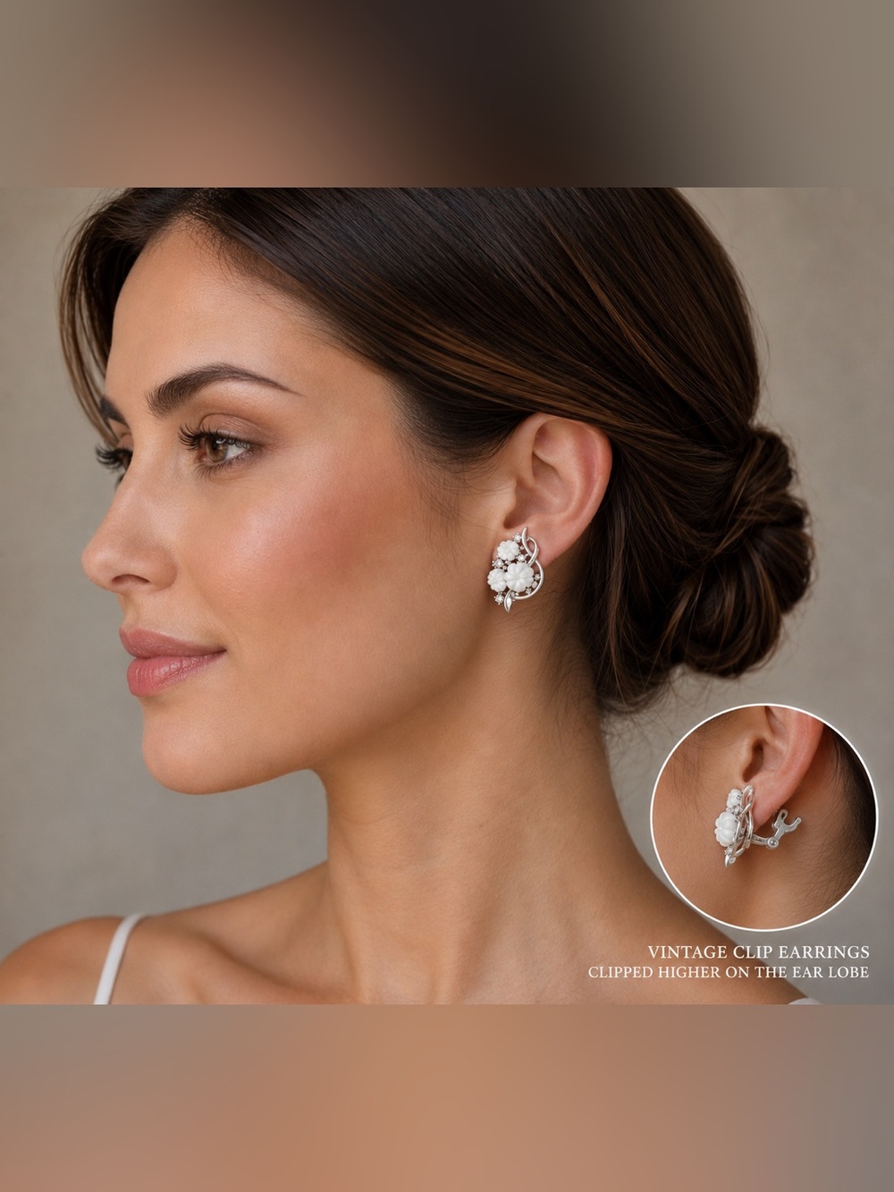 Trifari White Floral Clip-On Earrings with Silver Accents
